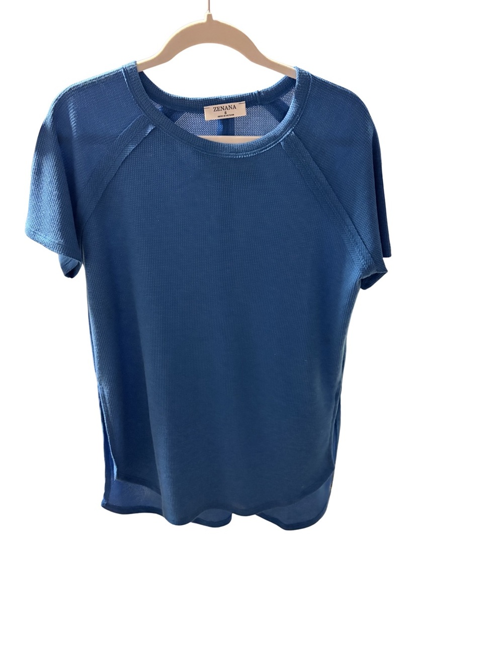 Zenana Small Ocean Blue Short Sleeve Scoop Neck Tee Waffle Knit-Read Notes!